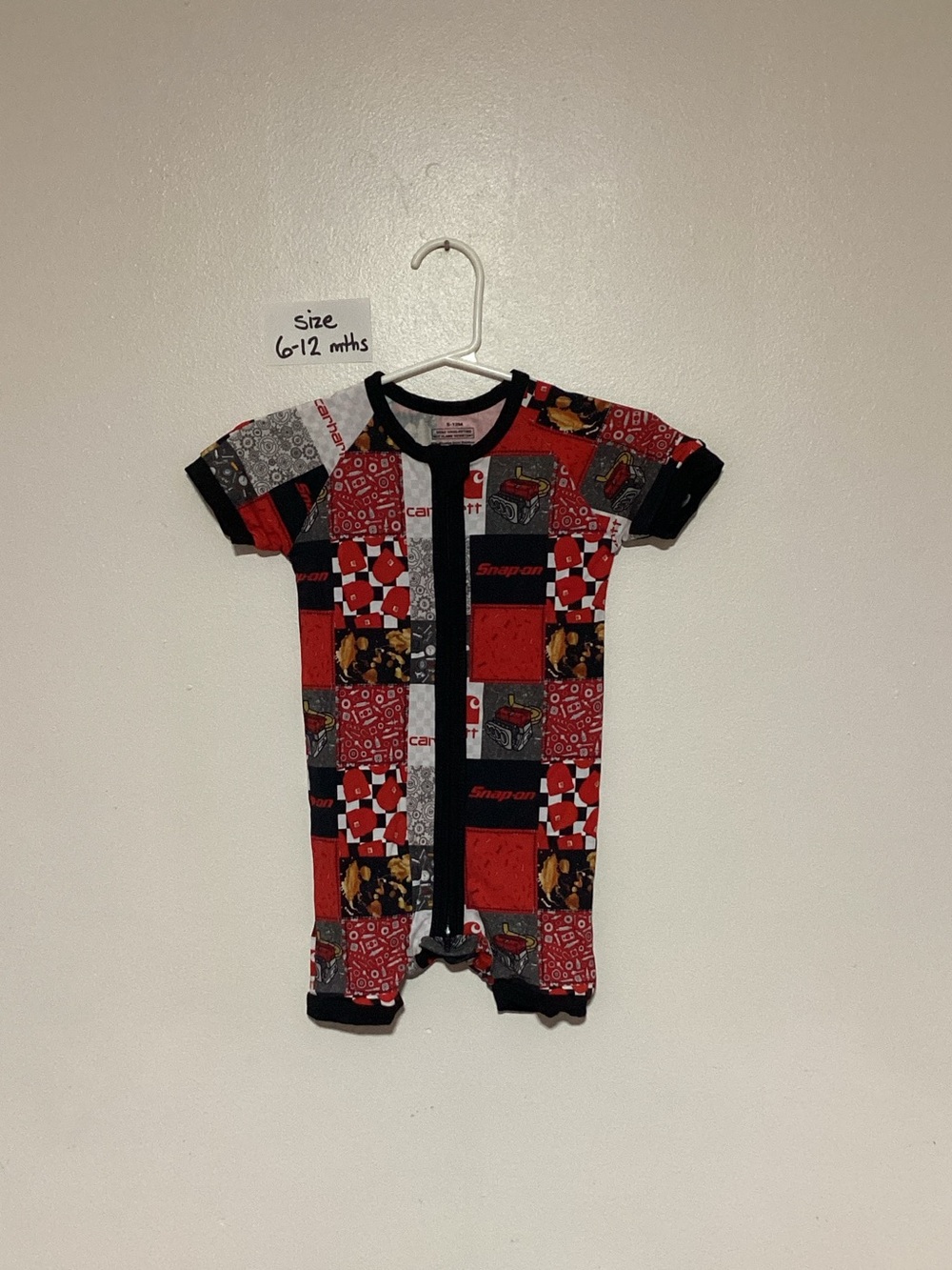 Snap Red & Black Patchwork-Style Baby One-Piece